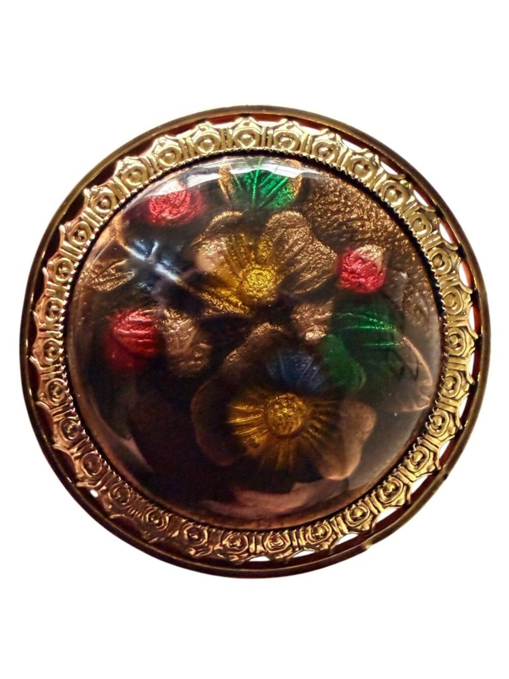 Vintage Reverse Carved‎ Lucite Brooch Gold Tone Floral Pin 1950s New Old Stock